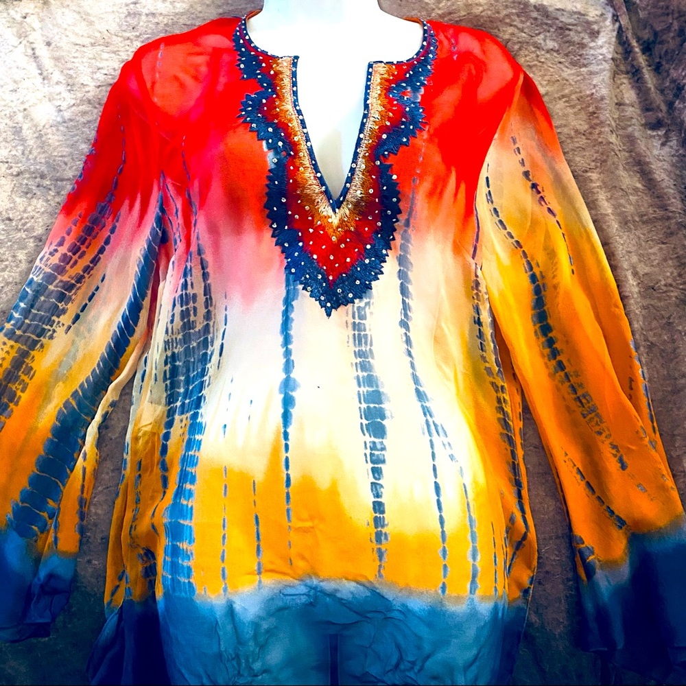 BCBG Tie dye sheer embroidered tunic medium